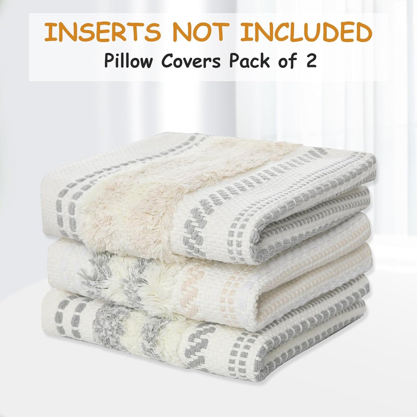 Summer Decorative Boho Throw Pillow Covers 20X20 Set of 2, Accent Neutral Textured Tufted Pillow Covers Striped for Couch Bed Sofa Living Room, Beige and Cream White