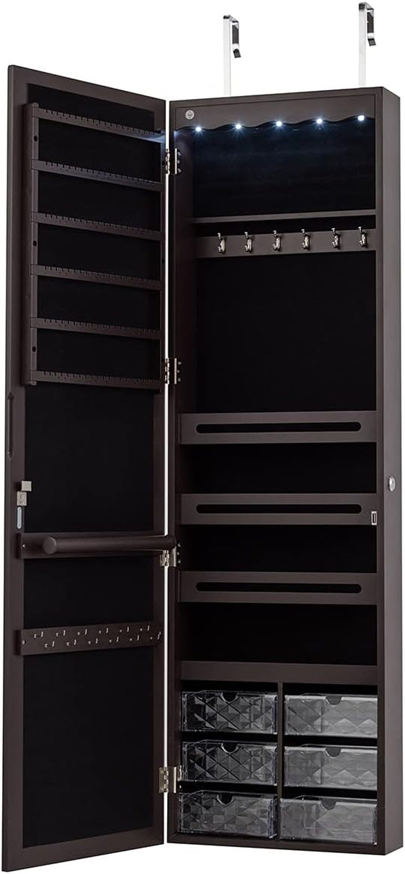 Jewelry Cabinet Armoire, Wall Mount Door Hanging, Lockable Jewelry Organizer with 47.5'' Full Length Mirror, 5 Lights, Large Jewelry Storage Box with 6 Acrylic Drawers (Brown)