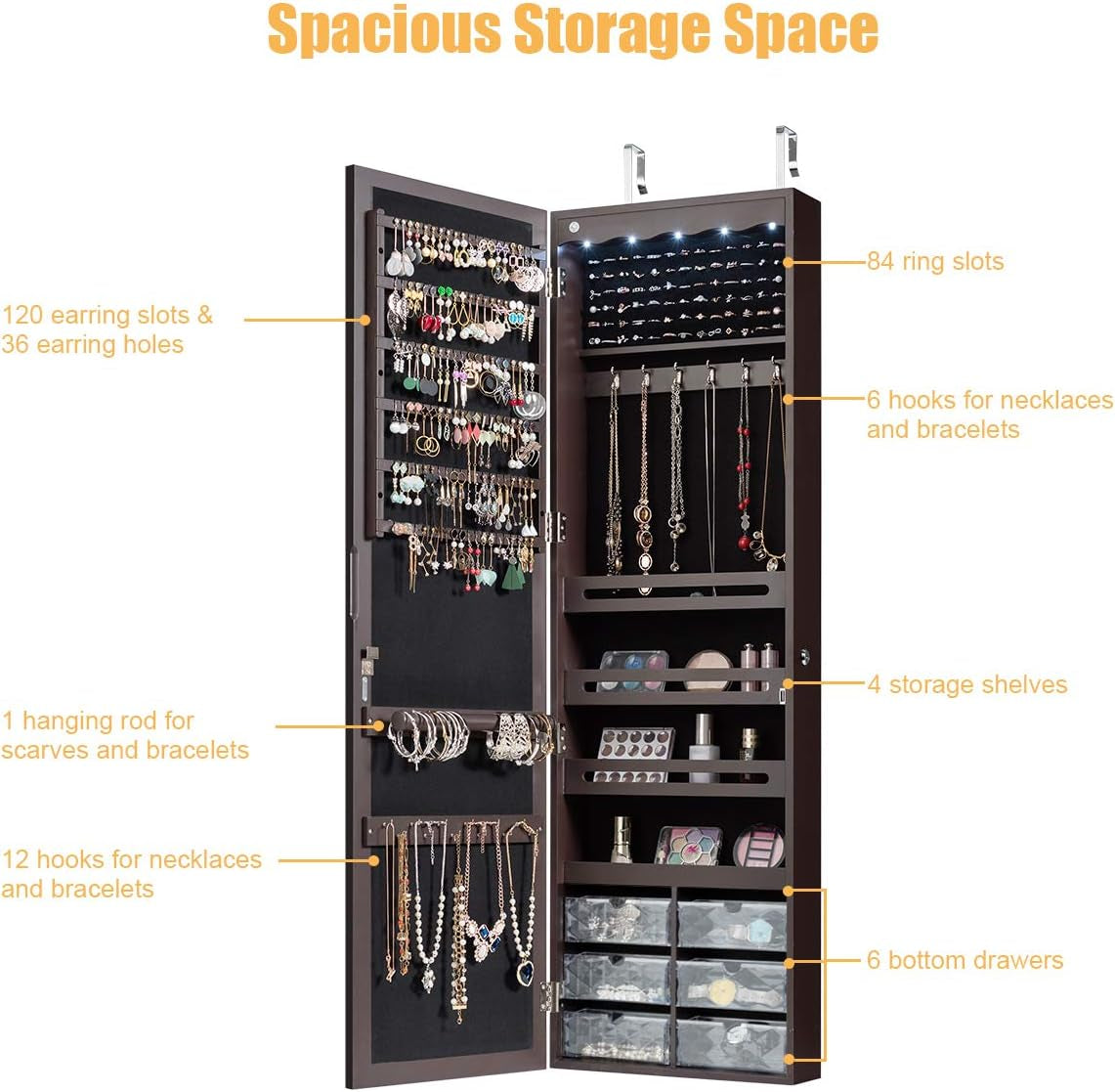 Jewelry Cabinet Armoire, Wall Mount Door Hanging, Lockable Jewelry Organizer with 47.5'' Full Length Mirror, 5 Lights, Large Jewelry Storage Box with 6 Acrylic Drawers (Brown)