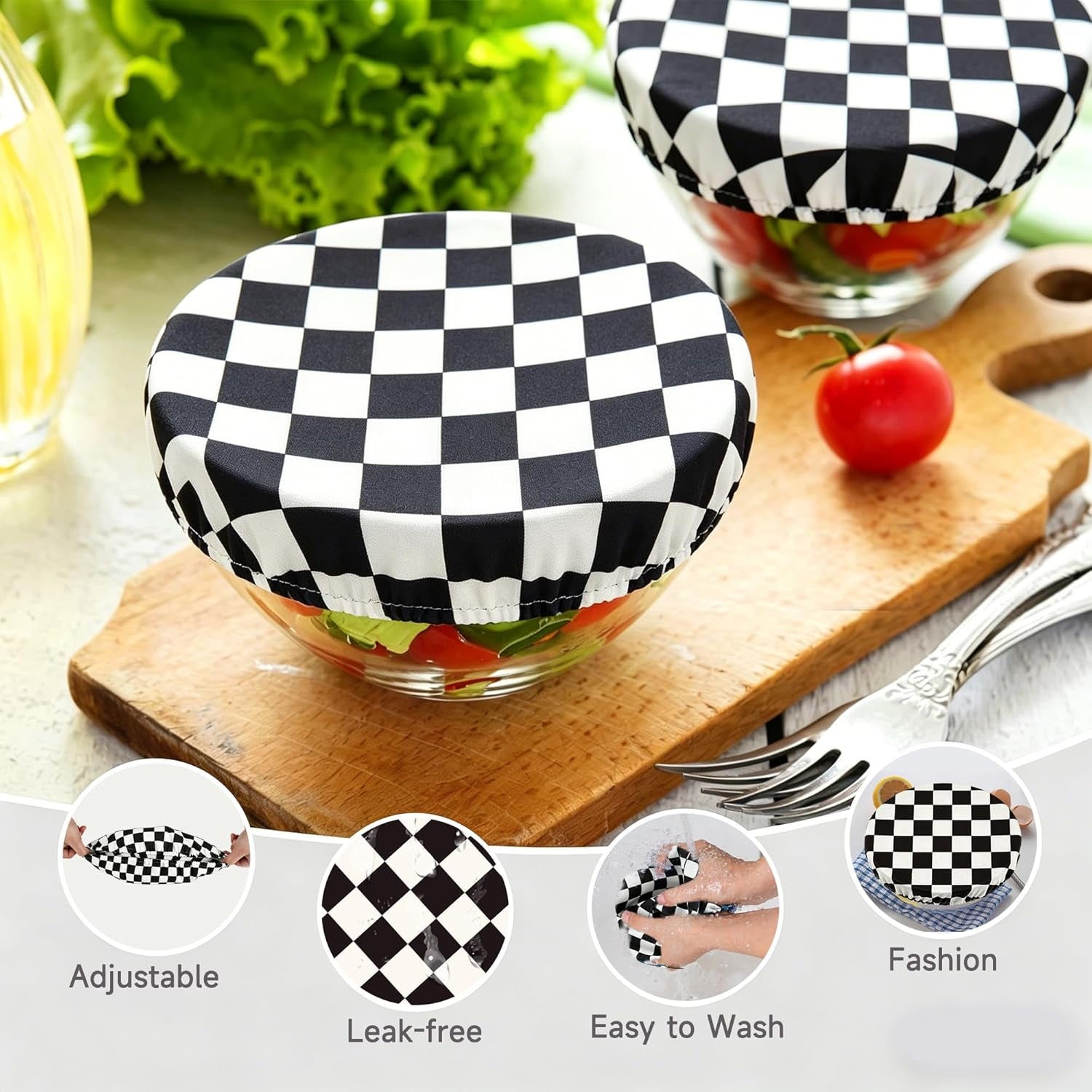 Elastic Reusable Bowl Covers for Bread Proofing, Fabric Cloth Sourdough Bowl Covers for Proofing - Set of 3, Black Checkerboard