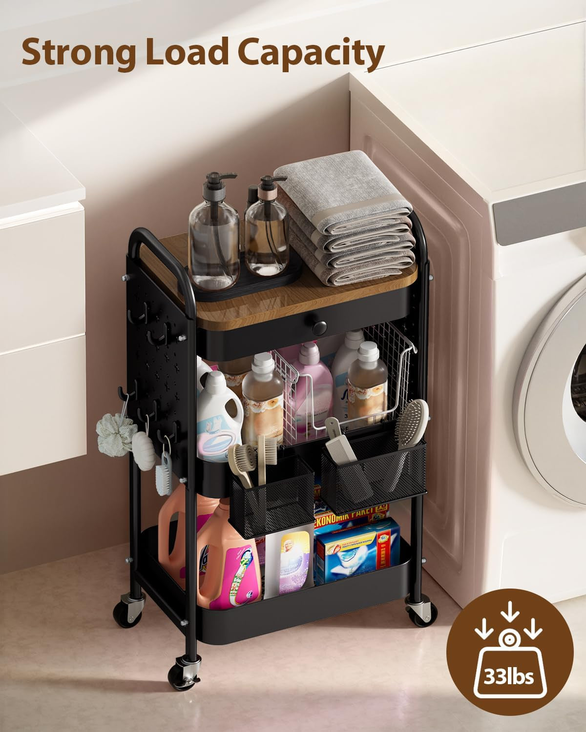 Rolling Cart with Drawer and Wood Table Top, 3 Tier Metal Rolling Utility Cart on Wheels with DIY Pegboards, Hanging Baskets, Hooks for Bedroom,Office,Craft Supplies (Black)