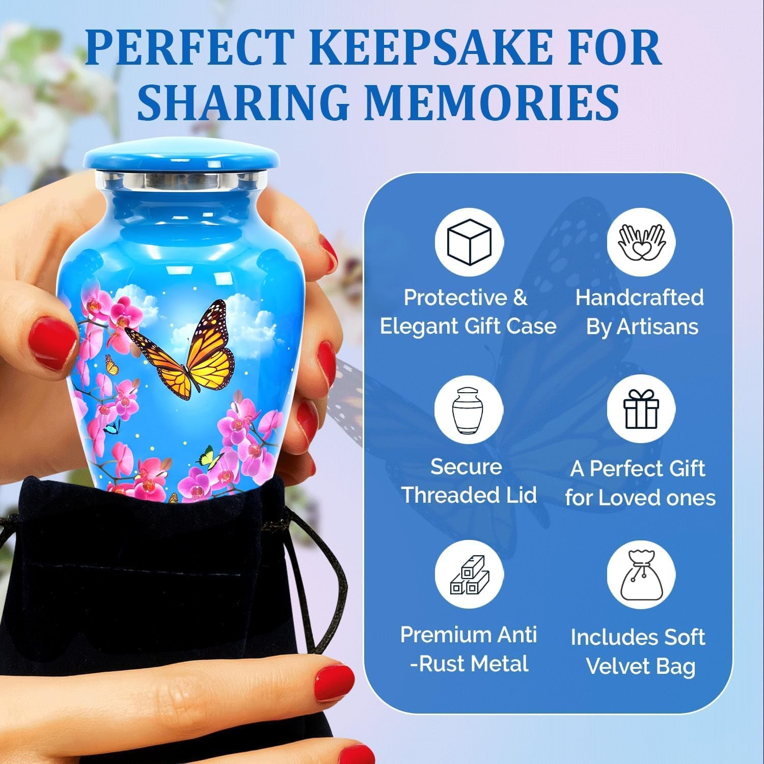 Small Keepsake Urns for Human Ashes - Set of 4 Mini Cremation Urns (Holds 3 Cu in Each) - Memorial Sharing Urns with Velvet Bag & Gift Box (Sky Blue, Set of 4)