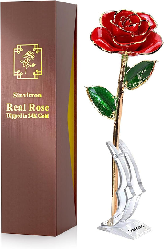 Gold Dipped Infinity Rose - Eternal Resin-Preserved Rose | Forever Flower Decor for Birthdays, Mother’S Day, Anniversaries | Unique Gift for Women, Mom, Wife (Red)