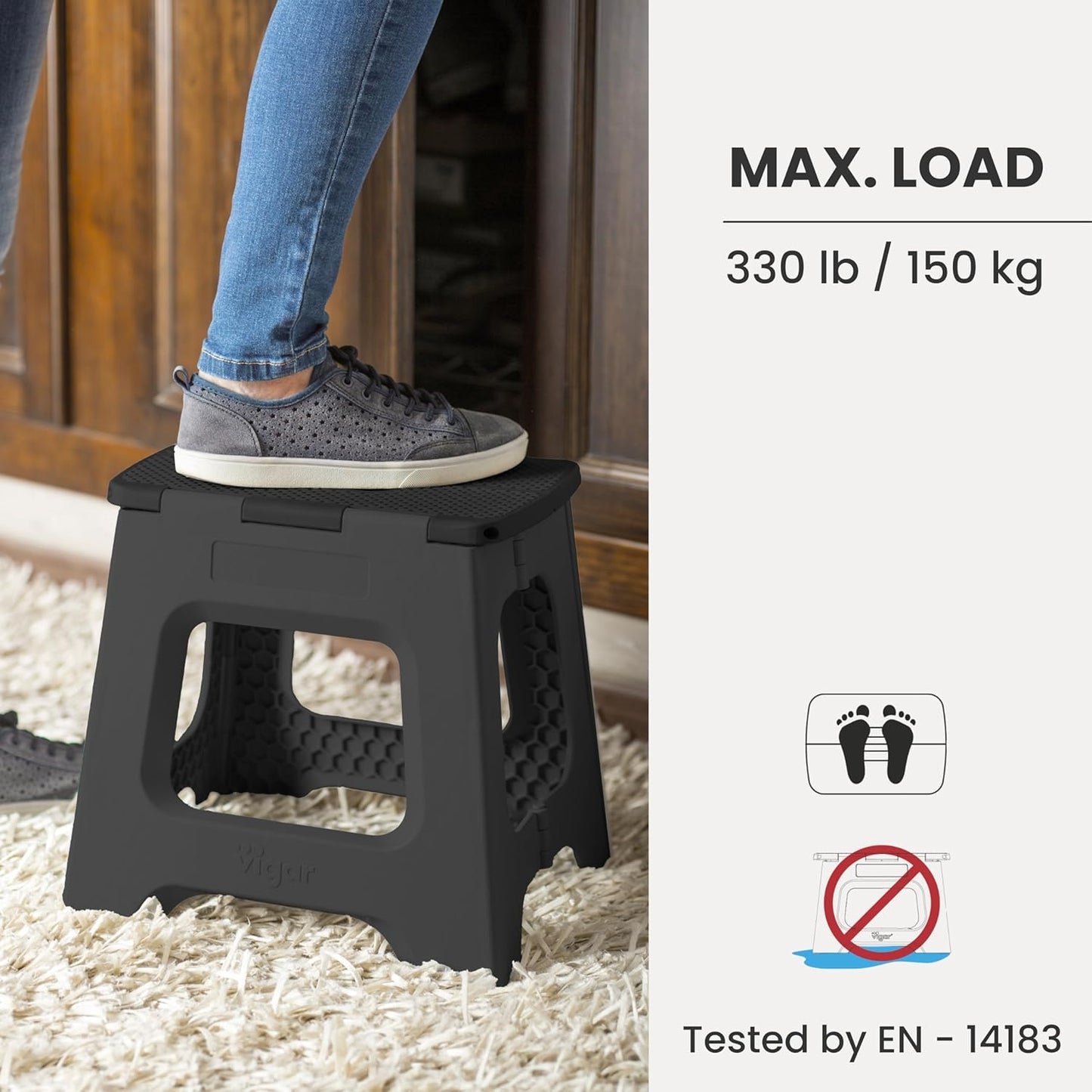 Compact Folding Step Stool - 9 Inch Foldable Step Stool for Adults, Lightweight Portable Stool with Handle, Non Slip Step Stool, Space Saving Stool up to 330 Lb - Black
