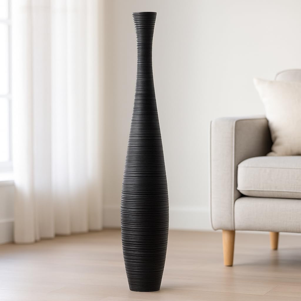 Large Black Home Decor Floor Vase - Wooden 34 Inch Tall Farmhouse Decor Flower Holder for Fake Plant and Pampas Grass