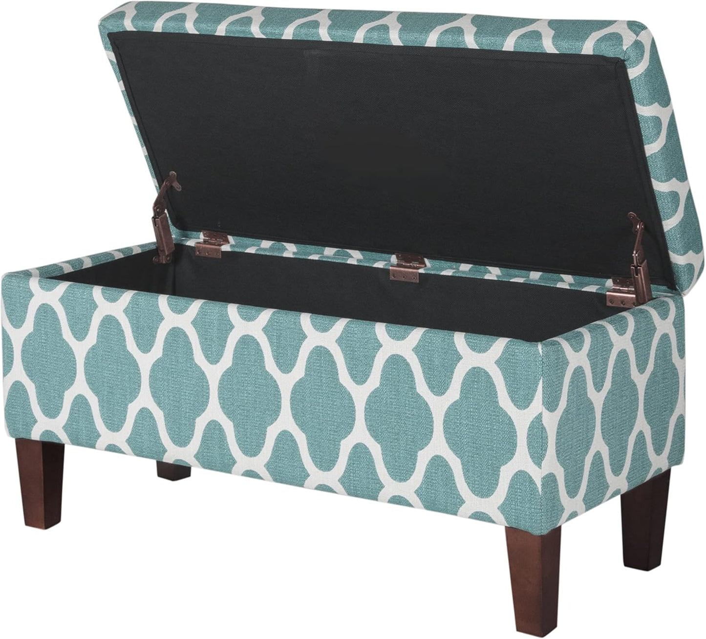 Large Upholstered Rectangular Storage Ottoman Bench with Hinged Lid, Teal Blue Geometric