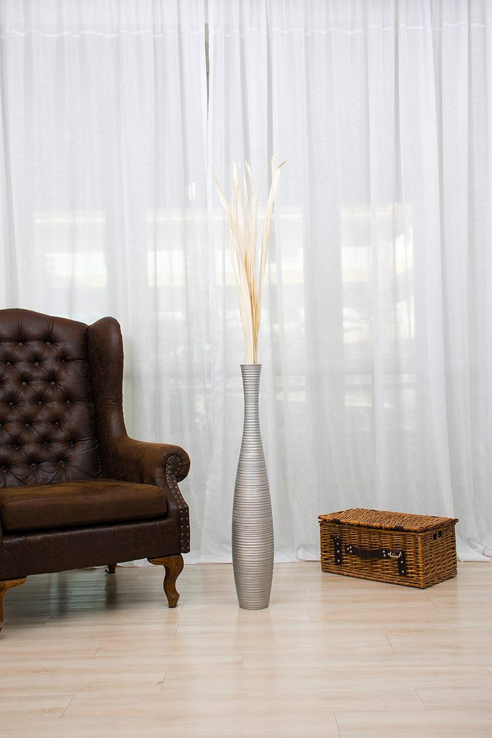 Large Silver Home Decor Floor Vase - Wooden 34 Inch Tall Farmhouse Decor Flower Holder for Fake Plant and Pampas Grass