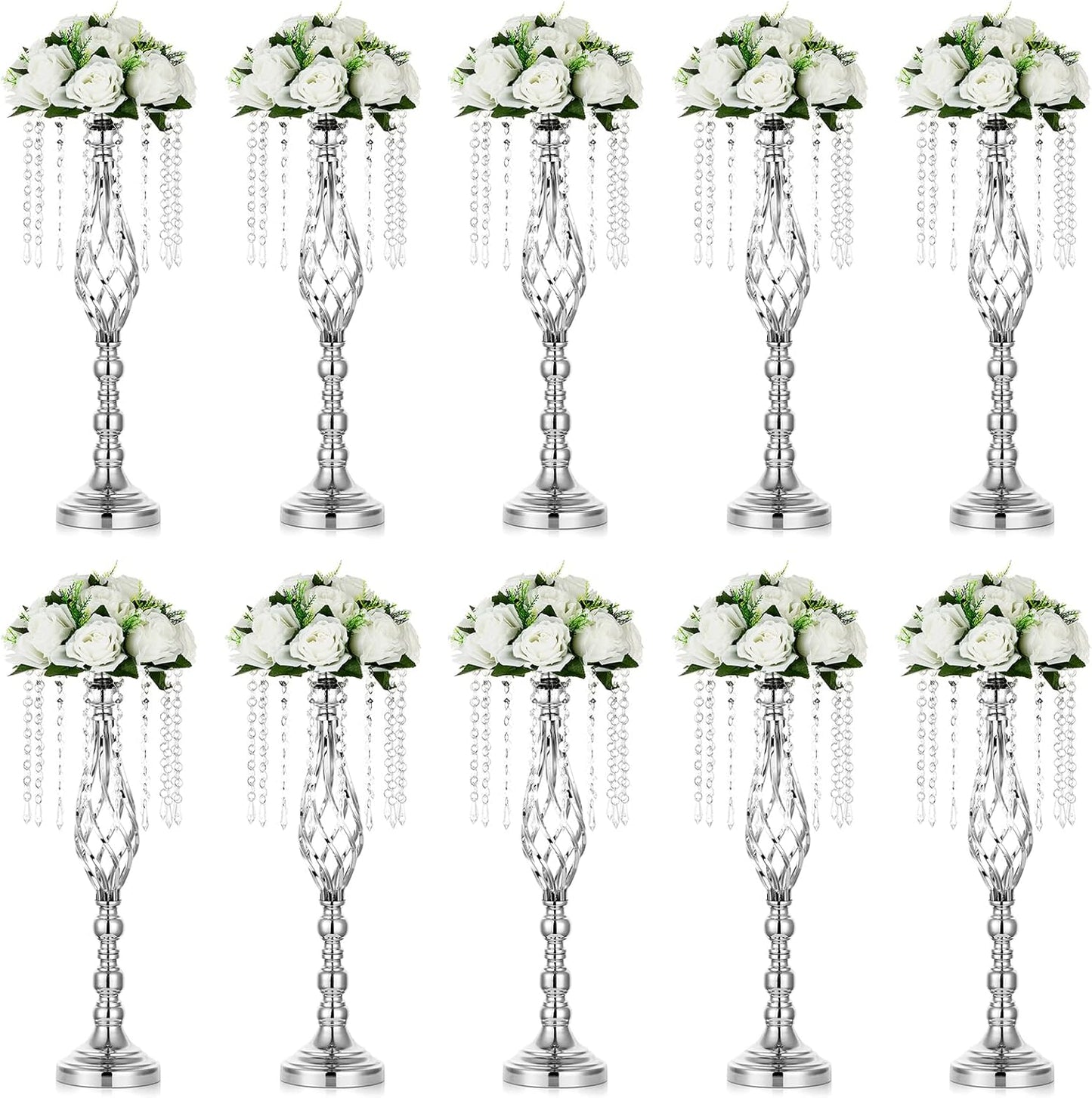 10 Pcs Silver Wedding Centerpieces Flower Stand, 21.7In/55Cm Height Wedding Road Lead Flower Vases, Crystal Artificial Flower Arrangements for Wedding Party Birthday Event Reception Home Decor