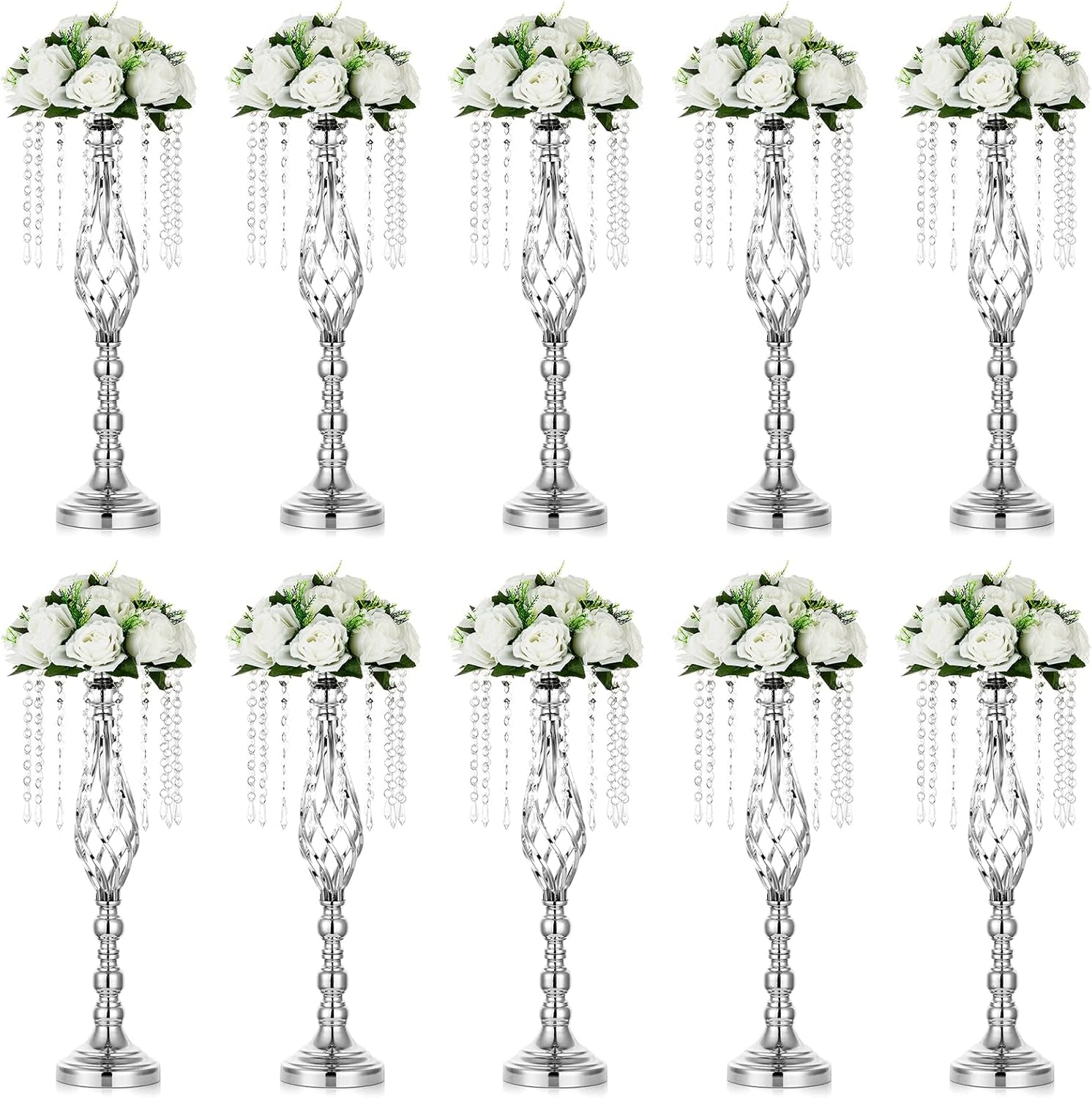 10 Pcs Silver Wedding Centerpieces Flower Stand, 21.7In/55Cm Height Wedding Road Lead Flower Vases, Crystal Artificial Flower Arrangements for Wedding Party Birthday Event Reception Home Decor