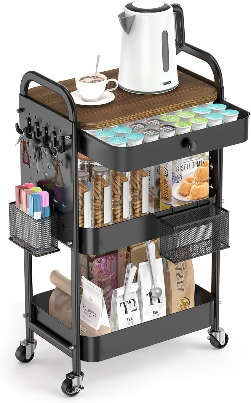 Rolling Cart with Drawer and Wood Table Top, 3 Tier Metal Rolling Utility Cart on Wheels with DIY Pegboards, Hanging Baskets, Hooks for Bedroom,Office,Craft Supplies (Black)