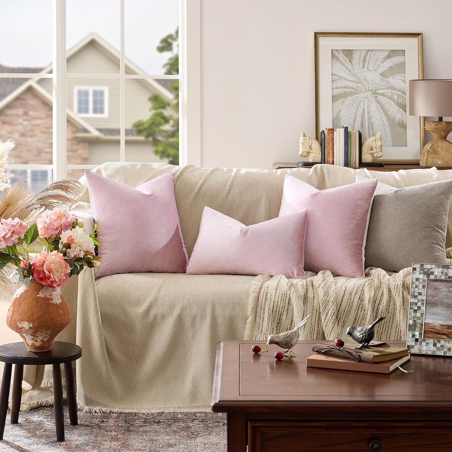 Decorative Throw Pillow Covers 16X16,Set of 2 Sweet Lilac Square Couch Pillow Covers,Velvet Sofa Boho Cushion Pillows