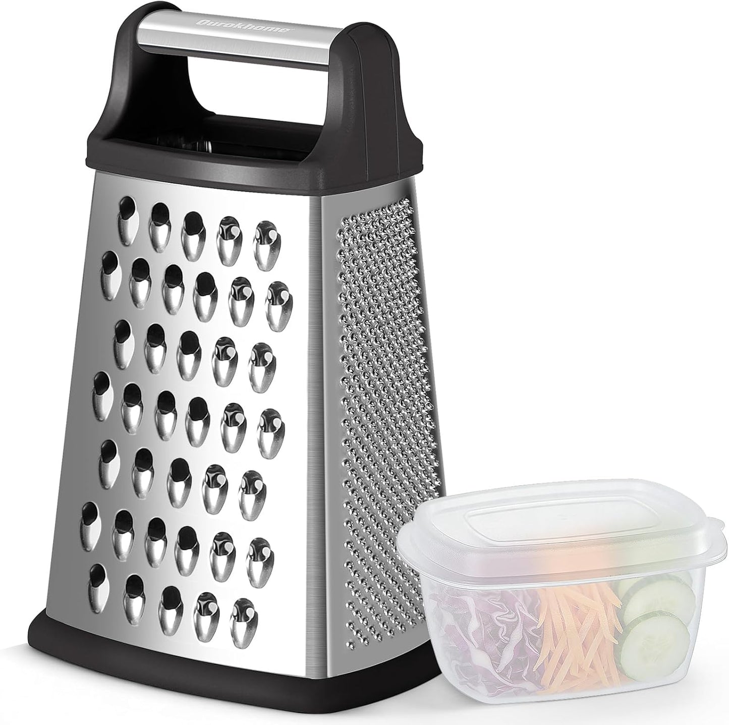 Cheese Grater, Handheld Box Grater with Container & Lid, 4-Sided Stainless Steel for Kitchen, Wavy Julienne, Slicer, Coarse Shred & Fine Zester, Non-Slip Base, Dishwasher Safe, 8 Inch