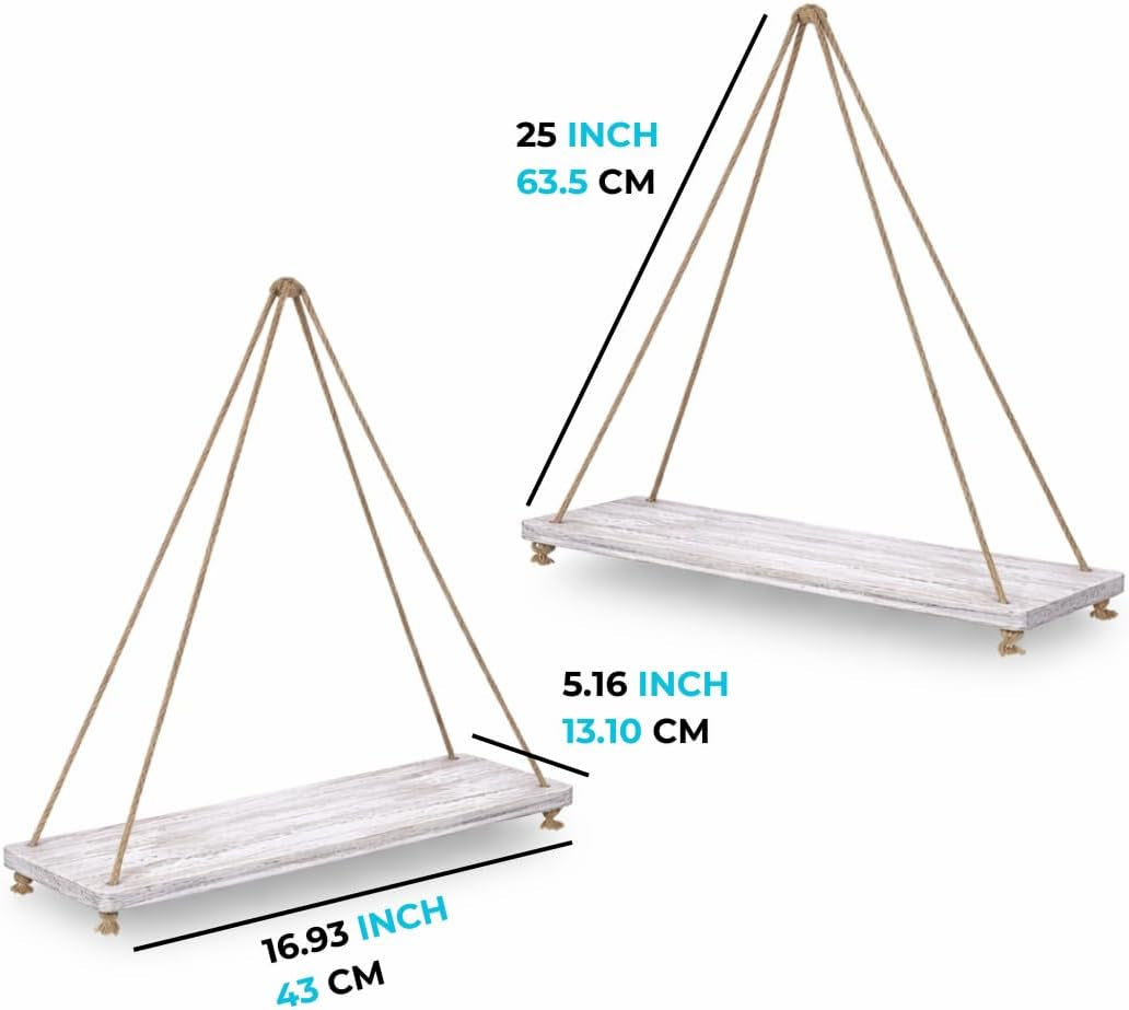 Hanging Shelves for Wall - Set of 2 – Rustic Farmhouse Boho Shelves with String – 17”X5.2” – Thick Distressed, Torched Look Real Wood - Rustic White