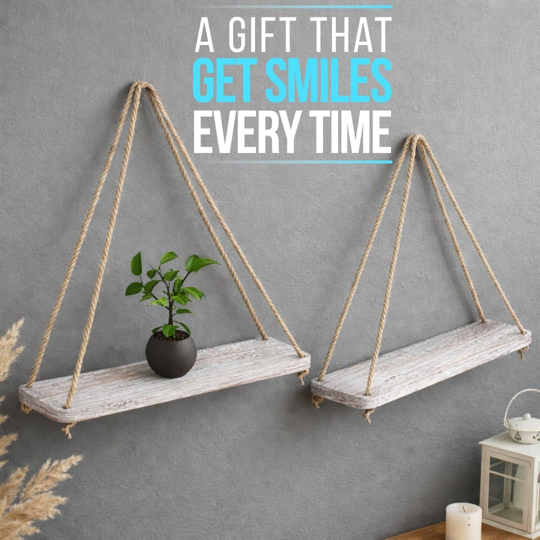 Hanging Shelves for Wall - Set of 2 – Rustic Farmhouse Boho Shelves with String – 17”X5.2” – Thick Distressed, Torched Look Real Wood - Rustic White