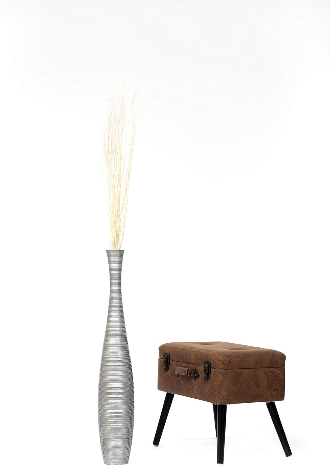 Large Silver Home Decor Floor Vase - Wooden 34 Inch Tall Farmhouse Decor Flower Holder for Fake Plant and Pampas Grass