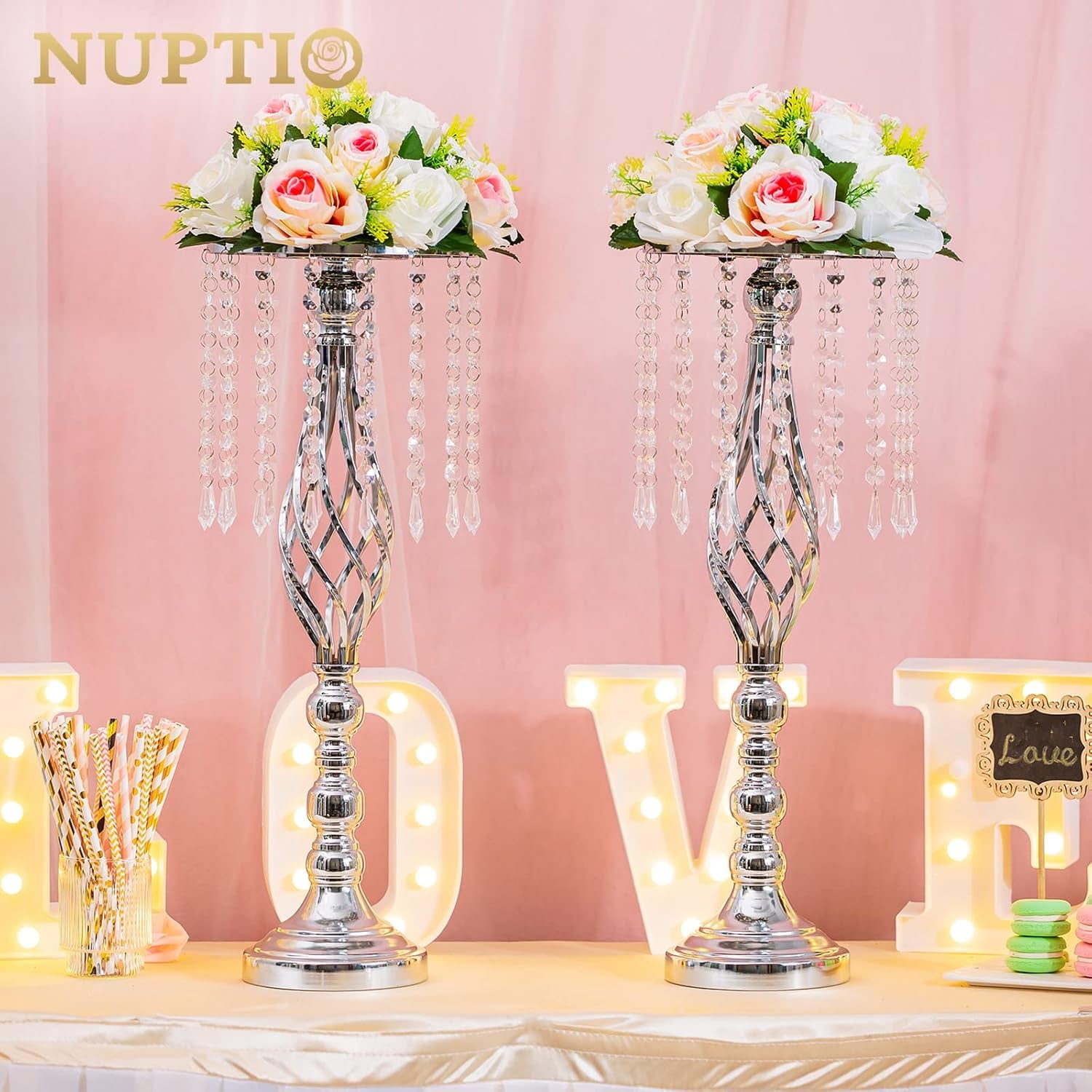 10 Pcs Silver Wedding Centerpieces Flower Stand, 21.7In/55Cm Height Wedding Road Lead Flower Vases, Crystal Artificial Flower Arrangements for Wedding Party Birthday Event Reception Home Decor