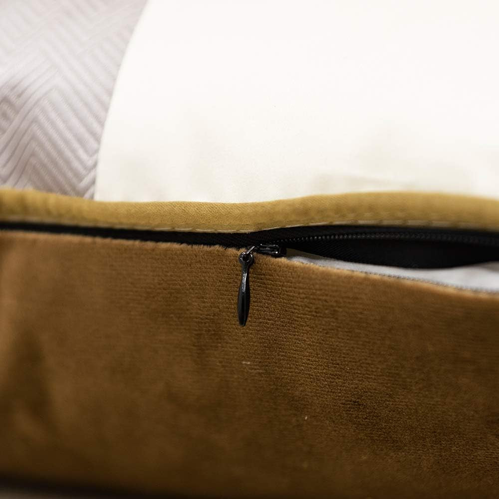 16 X 16 Inches Coffee Brown White Gold Leather Striped Patchwork Velvet Cushion Case Luxury Modern Throw Pillow Cover Decorative Pillow for Couch Living Room Bedroom Car