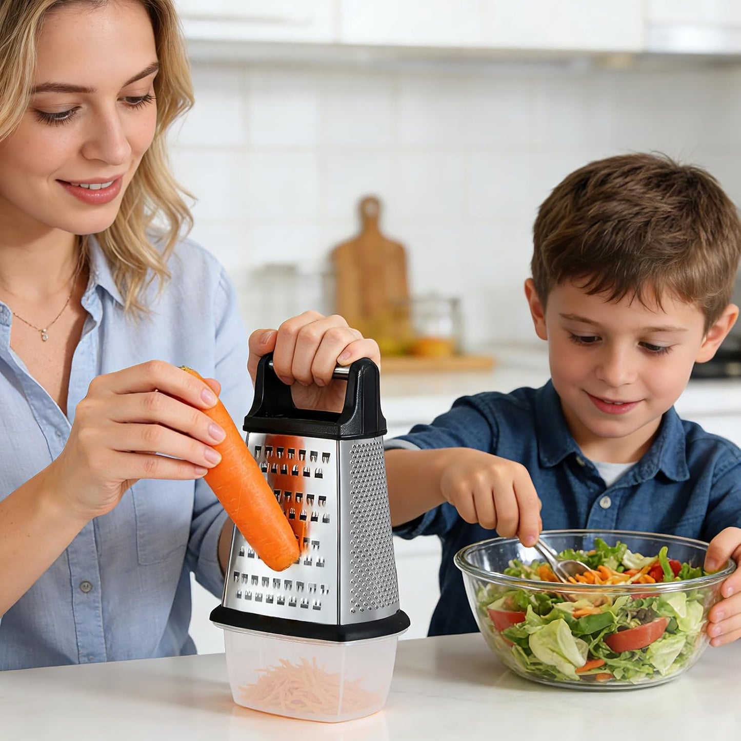 Cheese Grater, Handheld Box Grater with Container & Lid, 4-Sided Stainless Steel for Kitchen, Wavy Julienne, Slicer, Coarse Shred & Fine Zester, Non-Slip Base, Dishwasher Safe, 8 Inch