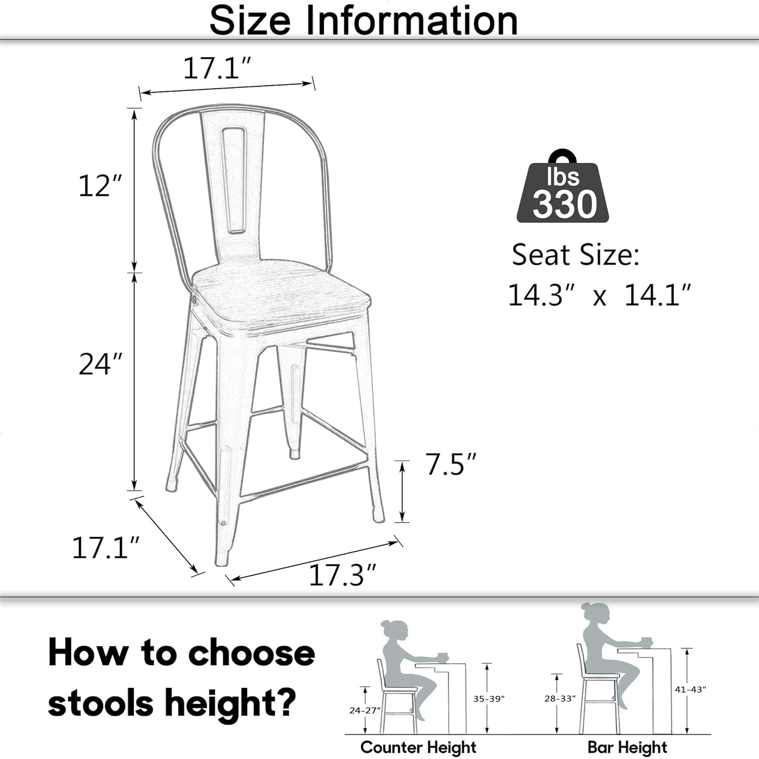 Metal Bar Stools Set of 4,24 Inch Barstools Counter Height Bar Stool with Back Farmhouse Bar Stools with Larger Seat High Back Kitchen Dining Chairs Modern Bar Chairs White Cream Stool