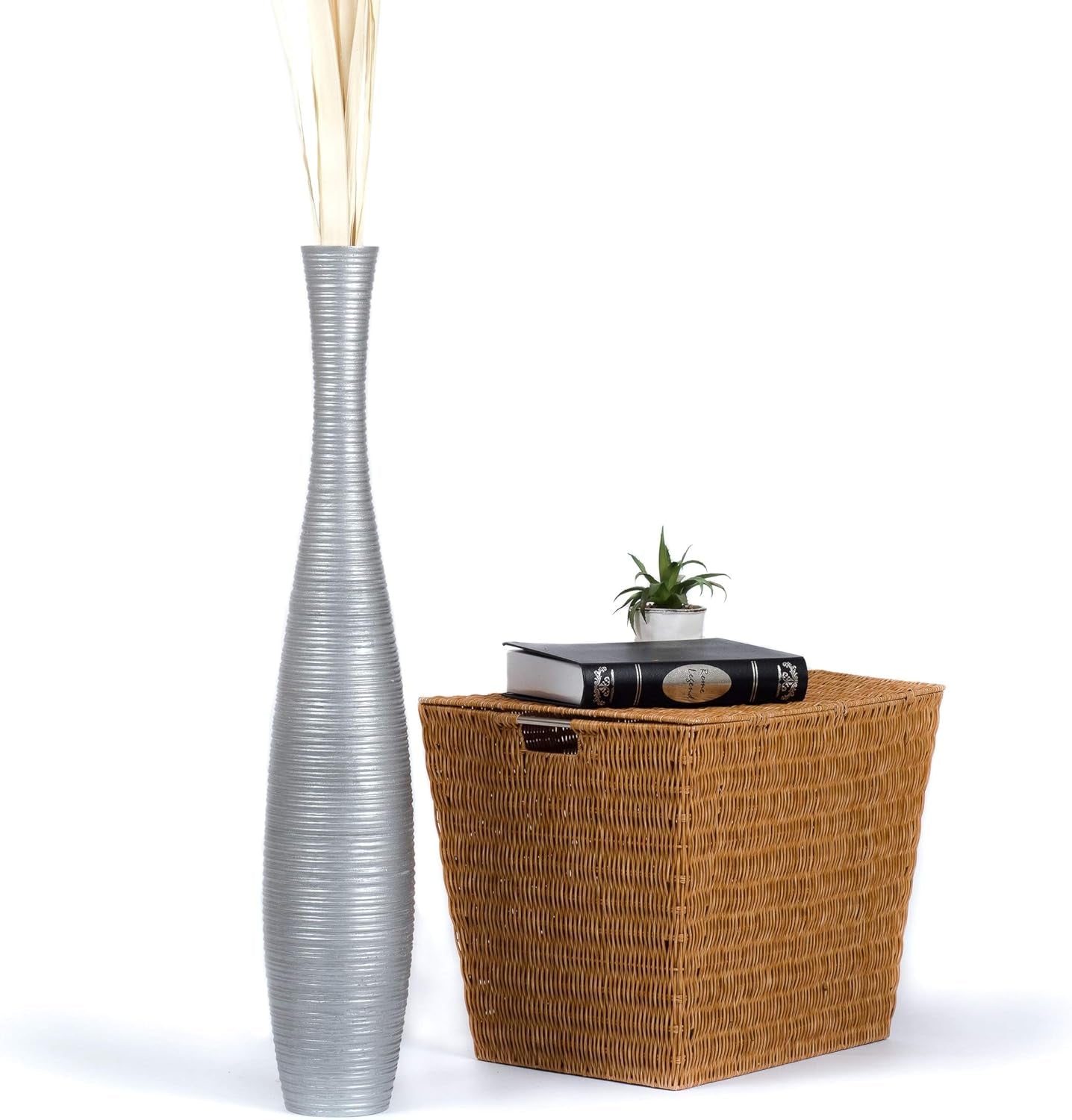 Large Silver Home Decor Floor Vase - Wooden 34 Inch Tall Farmhouse Decor Flower Holder for Fake Plant and Pampas Grass