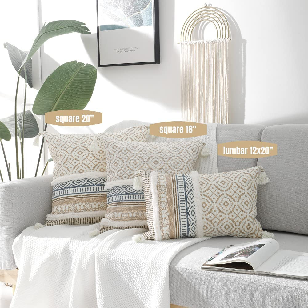 Boho Tufted Decorative Throw Pillow Covers, Modern Moroccan Style with Tassels, Accent Pillow Cases for Couch, Sofa, Bedroom, Car, or Hotel, 18X18 Inches, Khaki