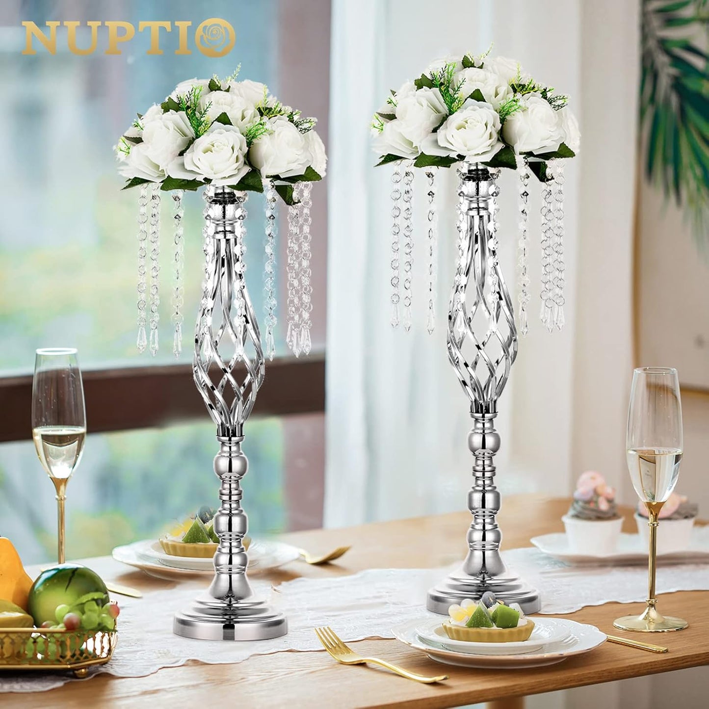 10 Pcs Silver Wedding Centerpieces Flower Stand, 21.7In/55Cm Height Wedding Road Lead Flower Vases, Crystal Artificial Flower Arrangements for Wedding Party Birthday Event Reception Home Decor
