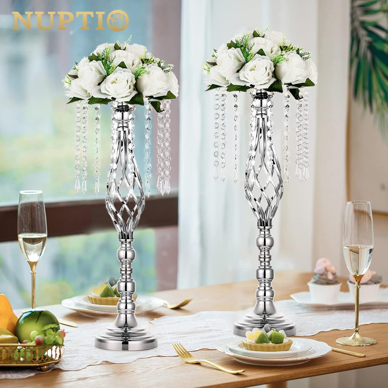 10 Pcs Silver Wedding Centerpieces Flower Stand, 21.7In/55Cm Height Wedding Road Lead Flower Vases, Crystal Artificial Flower Arrangements for Wedding Party Birthday Event Reception Home Decor