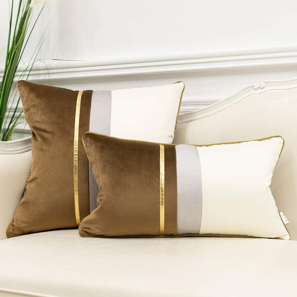 16 X 16 Inches Coffee Brown White Gold Leather Striped Patchwork Velvet Cushion Case Luxury Modern Throw Pillow Cover Decorative Pillow for Couch Living Room Bedroom Car
