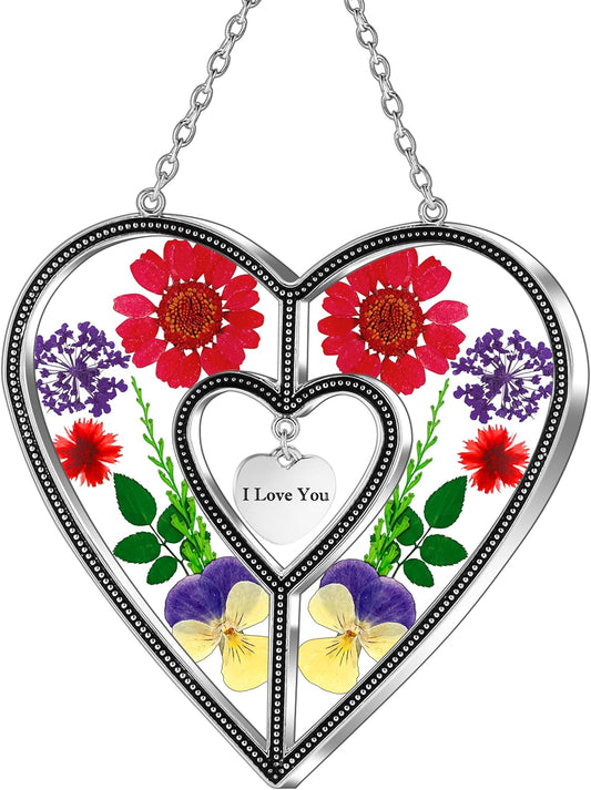 Heart Suncatcher Real Pressed Dried Flower Ornament Zinc Alloy Hanging Sun Catchers with I Love You Charm Tag Handmade Preserved Flower Window Wall Decor Sentimental for Mom