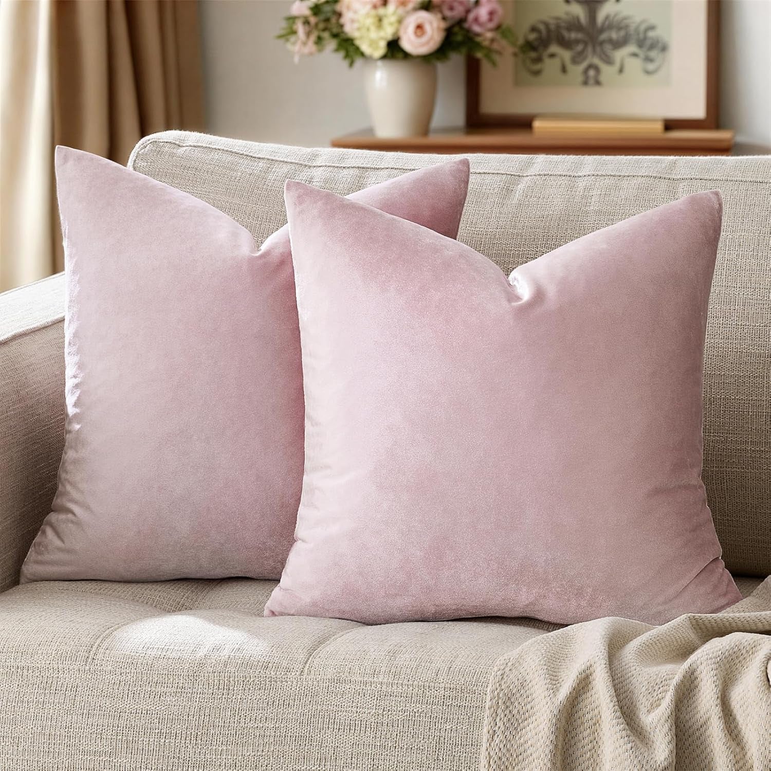 Decorative Throw Pillow Covers 16X16,Set of 2 Sweet Lilac Square Couch Pillow Covers,Velvet Sofa Boho Cushion Pillows