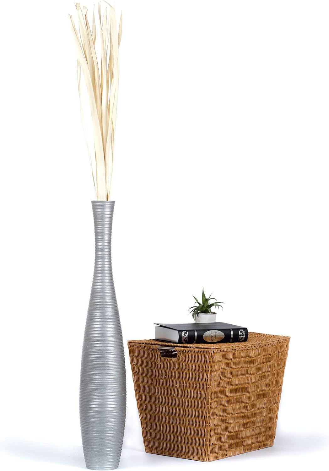 Large Silver Home Decor Floor Vase - Wooden 34 Inch Tall Farmhouse Decor Flower Holder for Fake Plant and Pampas Grass