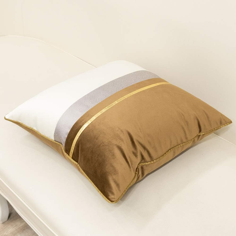 16 X 16 Inches Coffee Brown White Gold Leather Striped Patchwork Velvet Cushion Case Luxury Modern Throw Pillow Cover Decorative Pillow for Couch Living Room Bedroom Car