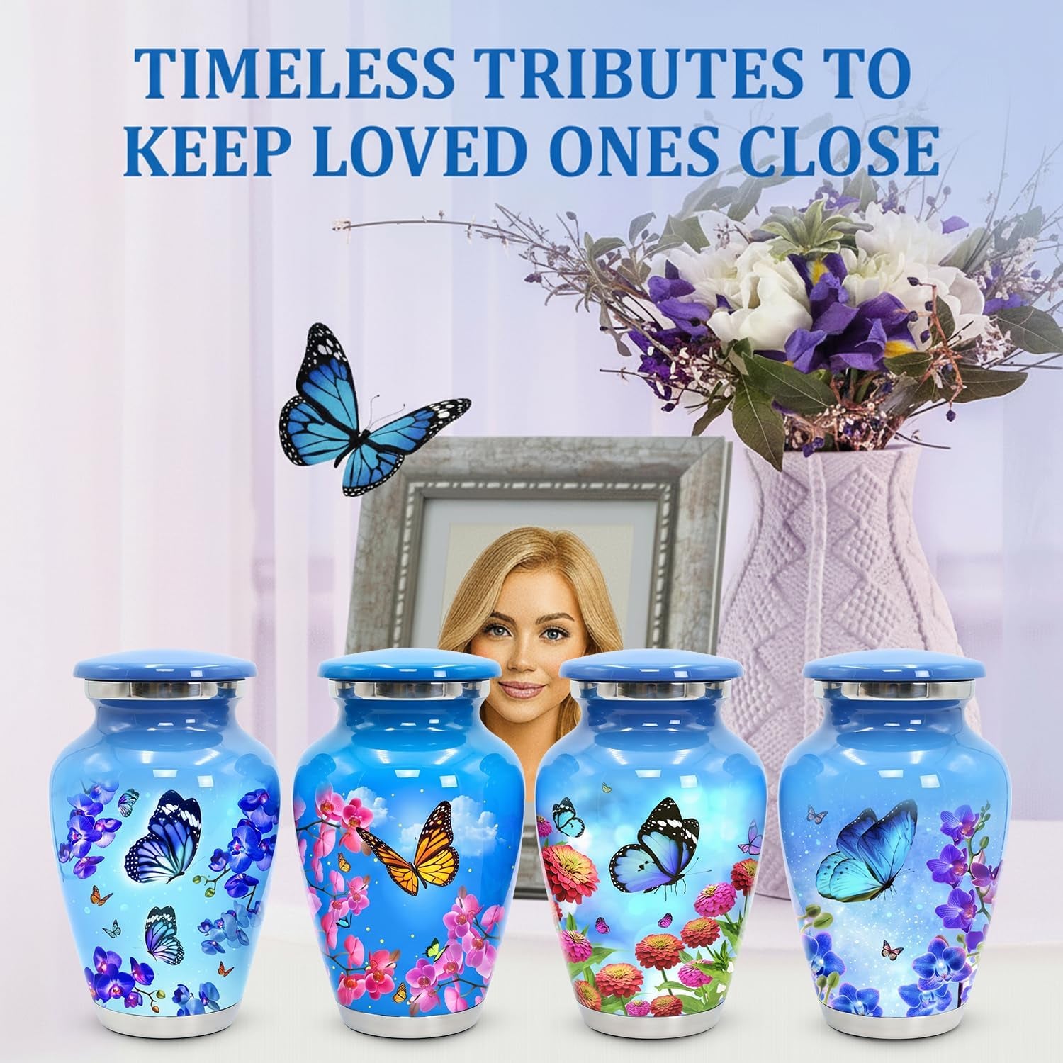 Small Keepsake Urns for Human Ashes - Set of 4 Mini Cremation Urns (Holds 3 Cu in Each) - Memorial Sharing Urns with Velvet Bag & Gift Box (Sky Blue, Set of 4)