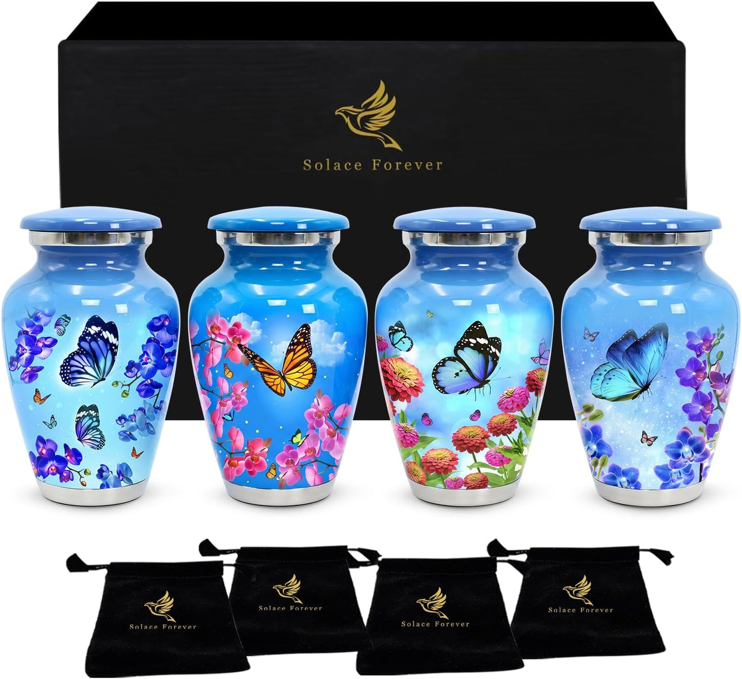 Small Keepsake Urns for Human Ashes - Set of 4 Mini Cremation Urns (Holds 3 Cu in Each) - Memorial Sharing Urns with Velvet Bag & Gift Box (Sky Blue, Set of 4)