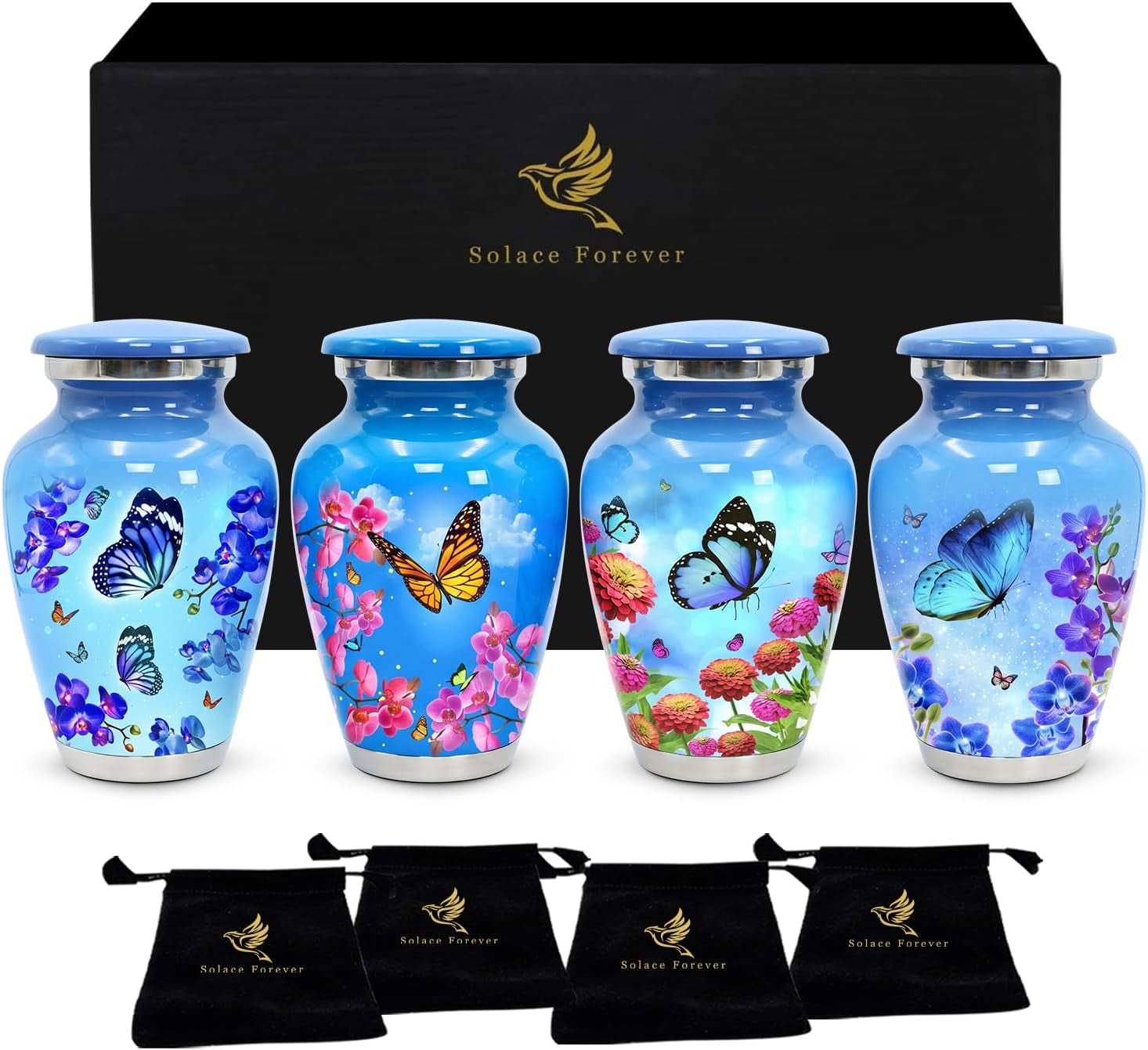Small Keepsake Urns for Human Ashes - Set of 4 Mini Cremation Urns (Holds 3 Cu in Each) - Memorial Sharing Urns with Velvet Bag & Gift Box (Sky Blue, Set of 4)