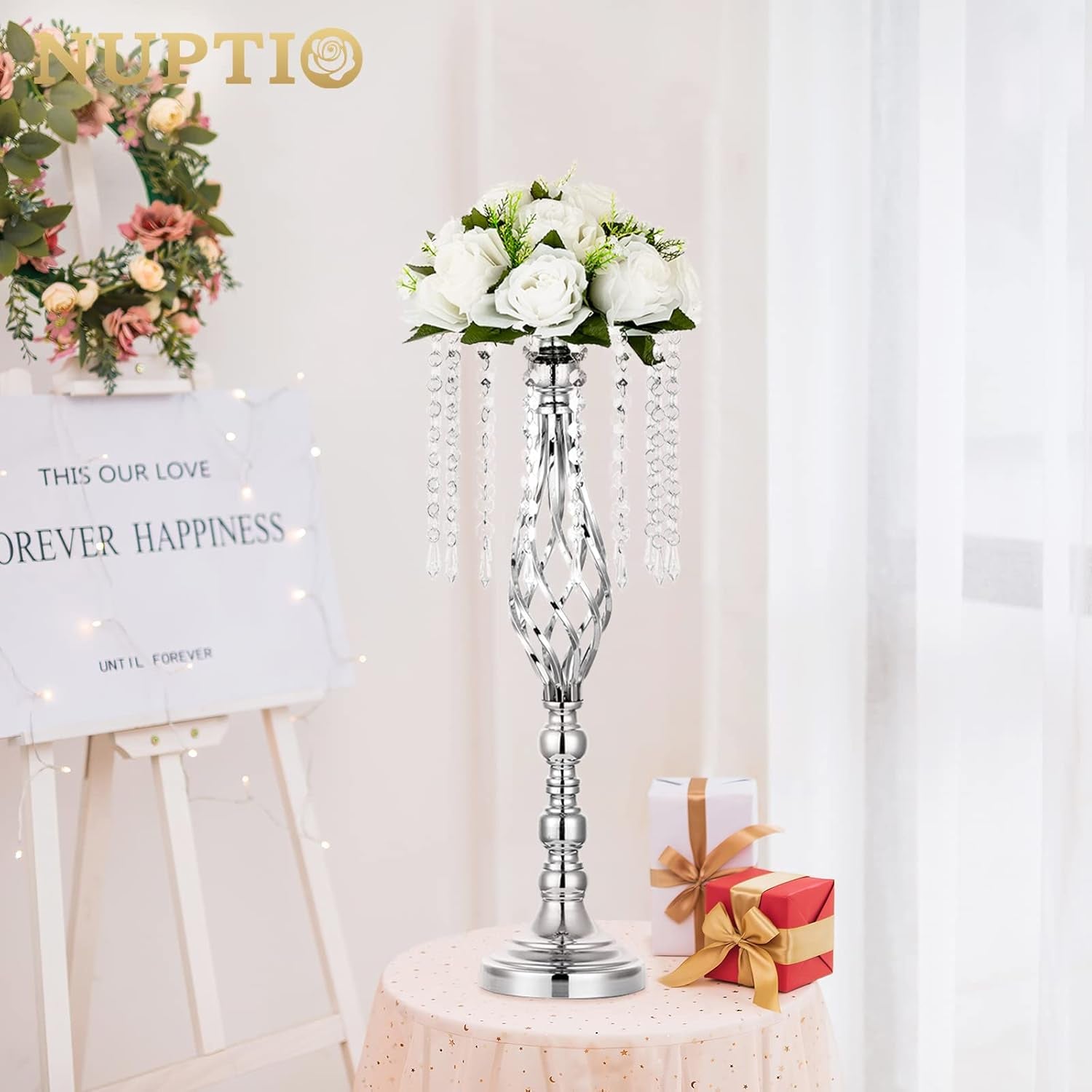 10 Pcs Silver Wedding Centerpieces Flower Stand, 21.7In/55Cm Height Wedding Road Lead Flower Vases, Crystal Artificial Flower Arrangements for Wedding Party Birthday Event Reception Home Decor