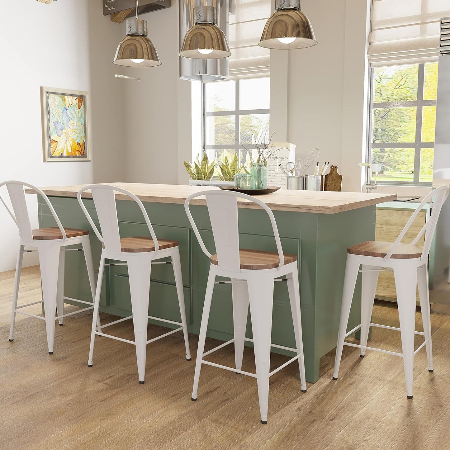 Metal Bar Stools Set of 4,24 Inch Barstools Counter Height Bar Stool with Back Farmhouse Bar Stools with Larger Seat High Back Kitchen Dining Chairs Modern Bar Chairs White Cream Stool