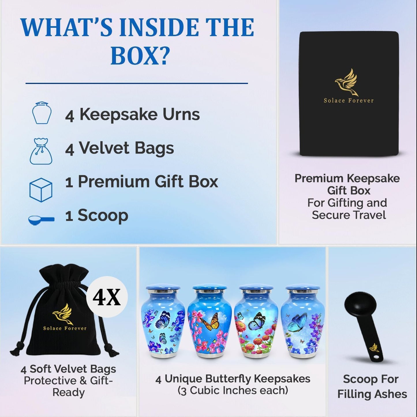 Small Keepsake Urns for Human Ashes - Set of 4 Mini Cremation Urns (Holds 3 Cu in Each) - Memorial Sharing Urns with Velvet Bag & Gift Box (Sky Blue, Set of 4)