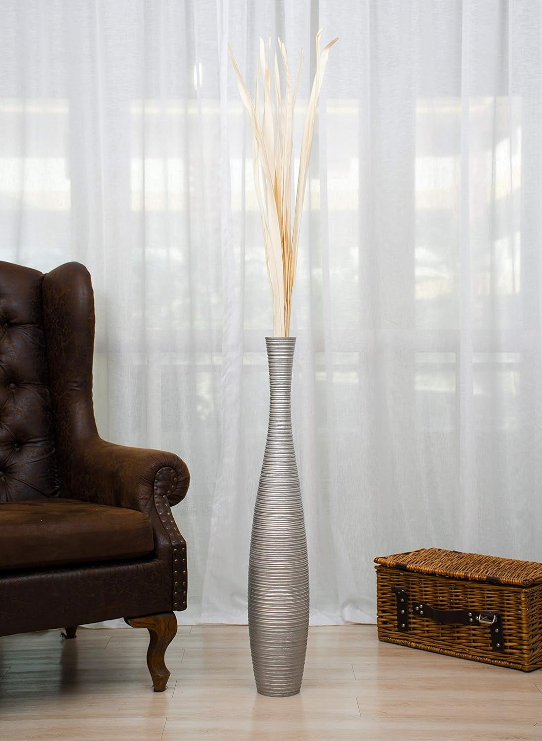 Large Silver Home Decor Floor Vase - Wooden 34 Inch Tall Farmhouse Decor Flower Holder for Fake Plant and Pampas Grass