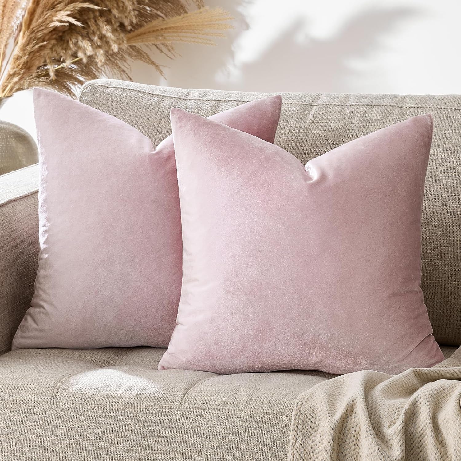 Decorative Throw Pillow Covers 16X16,Set of 2 Sweet Lilac Square Couch Pillow Covers,Velvet Sofa Boho Cushion Pillows