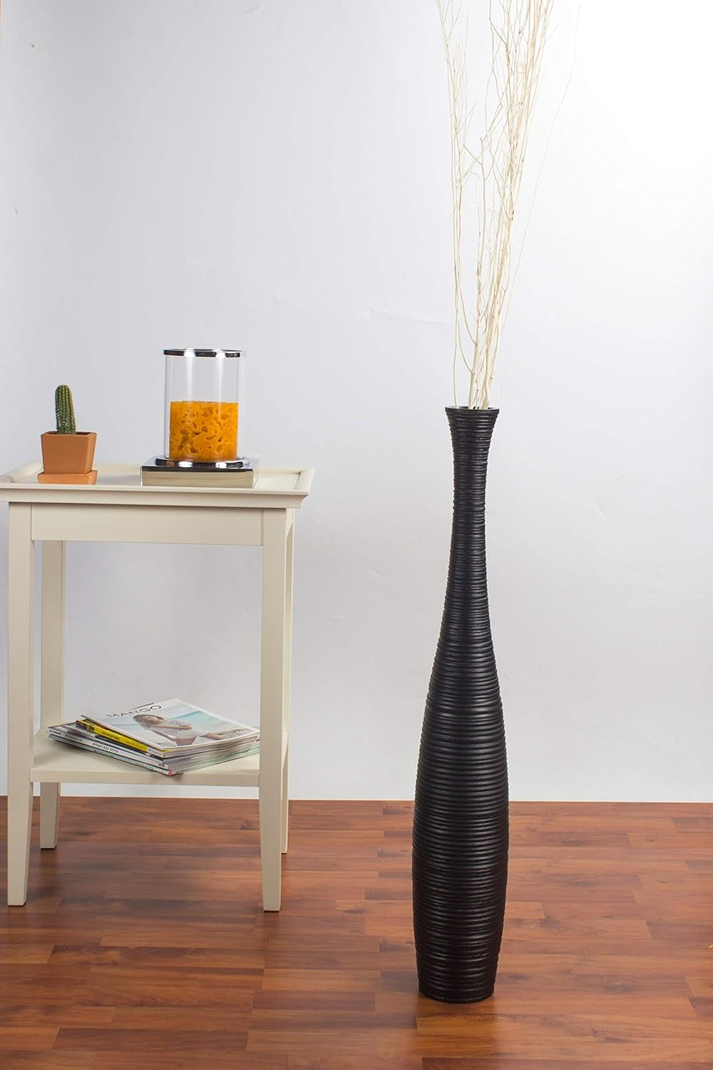 Large Black Home Decor Floor Vase - Wooden 26 Inch Tall Farmhouse Decor Flower Holder for Fake Plant and Pampas Grass