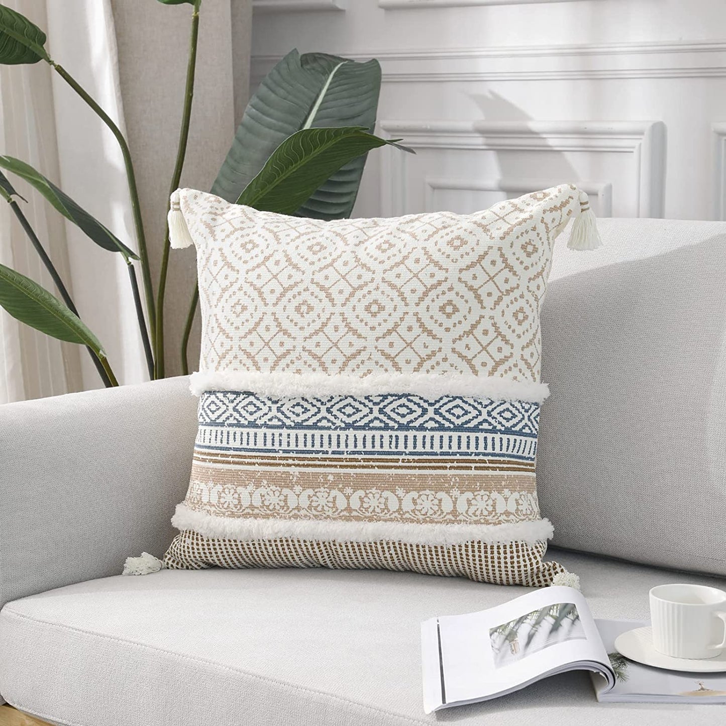 Boho Tufted Decorative Throw Pillow Covers, Modern Moroccan Style with Tassels, Accent Pillow Cases for Couch, Sofa, Bedroom, Car, or Hotel, 18X18 Inches, Khaki