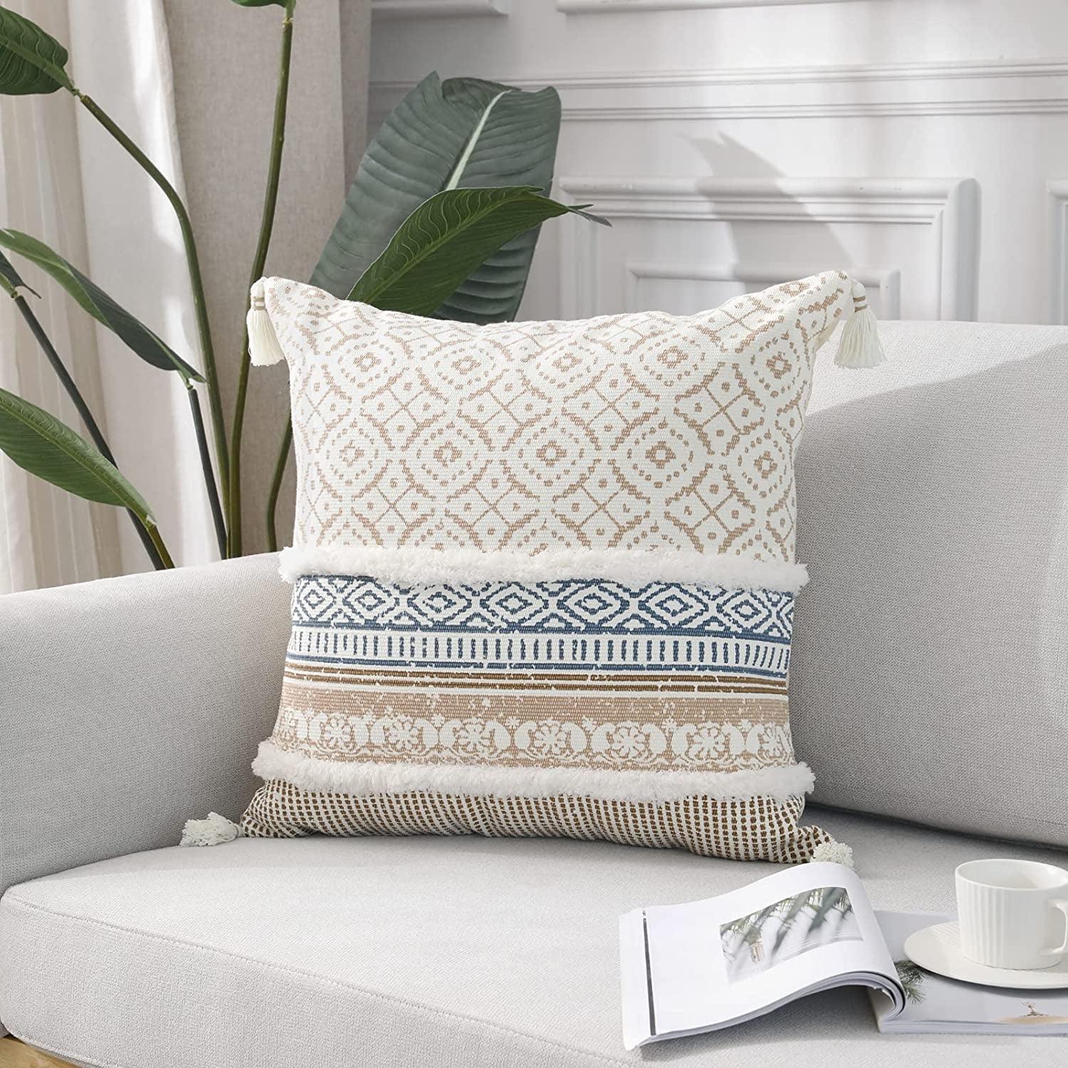 Boho Tufted Decorative Throw Pillow Covers, Modern Moroccan Style with Tassels, Accent Pillow Cases for Couch, Sofa, Bedroom, Car, or Hotel, 18X18 Inches, Khaki