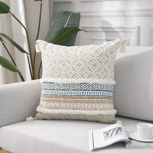 Boho Tufted Decorative Throw Pillow Covers, Modern Moroccan Style with Tassels, Accent Pillow Cases for Couch, Sofa, Bedroom, Car, or Hotel, 18X18 Inches, Khaki