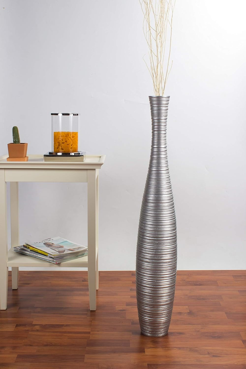 Large Silver Home Decor Floor Vase - Wooden 34 Inch Tall Farmhouse Decor Flower Holder for Fake Plant and Pampas Grass