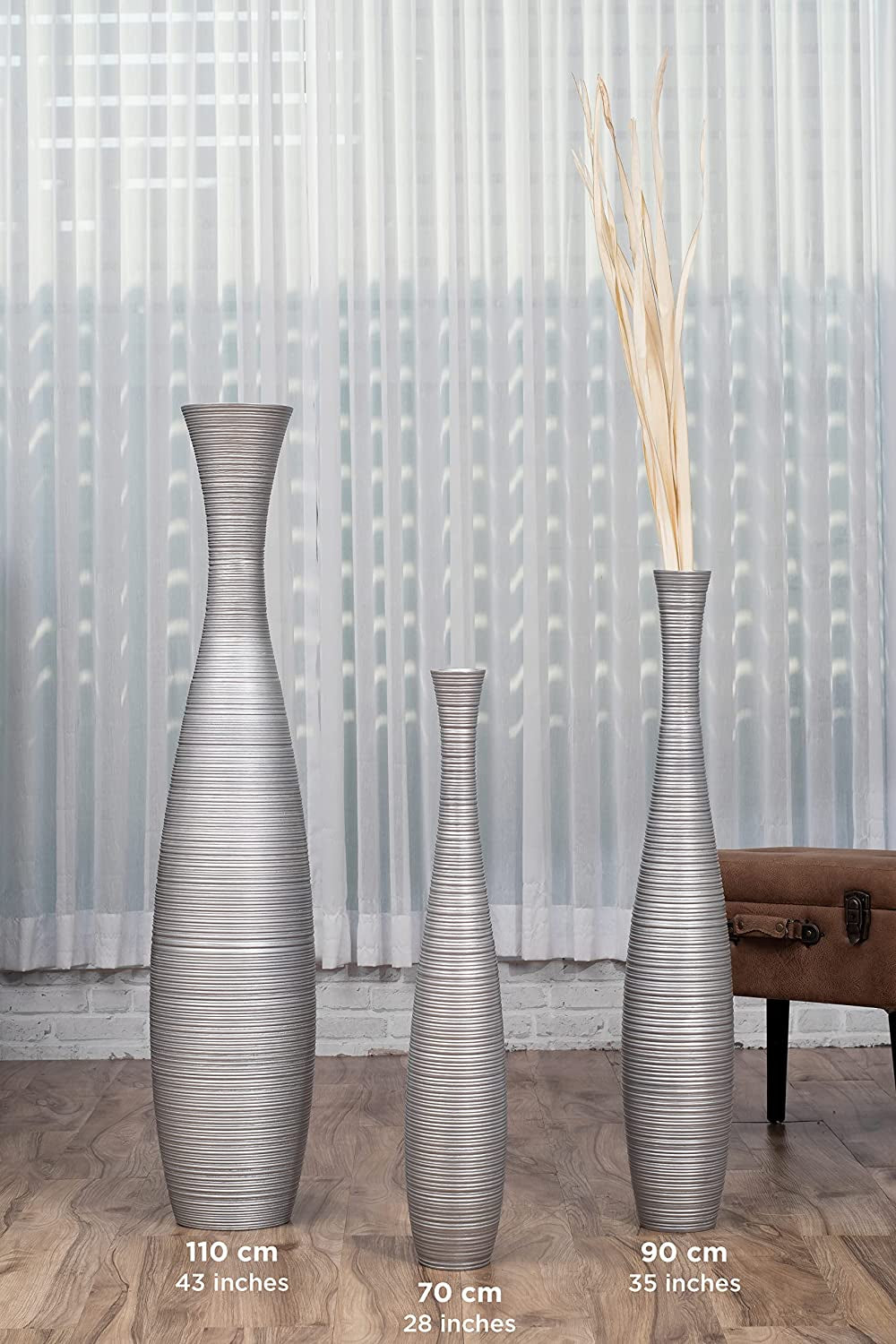 Large Silver Home Decor Floor Vase - Wooden 34 Inch Tall Farmhouse Decor Flower Holder for Fake Plant and Pampas Grass