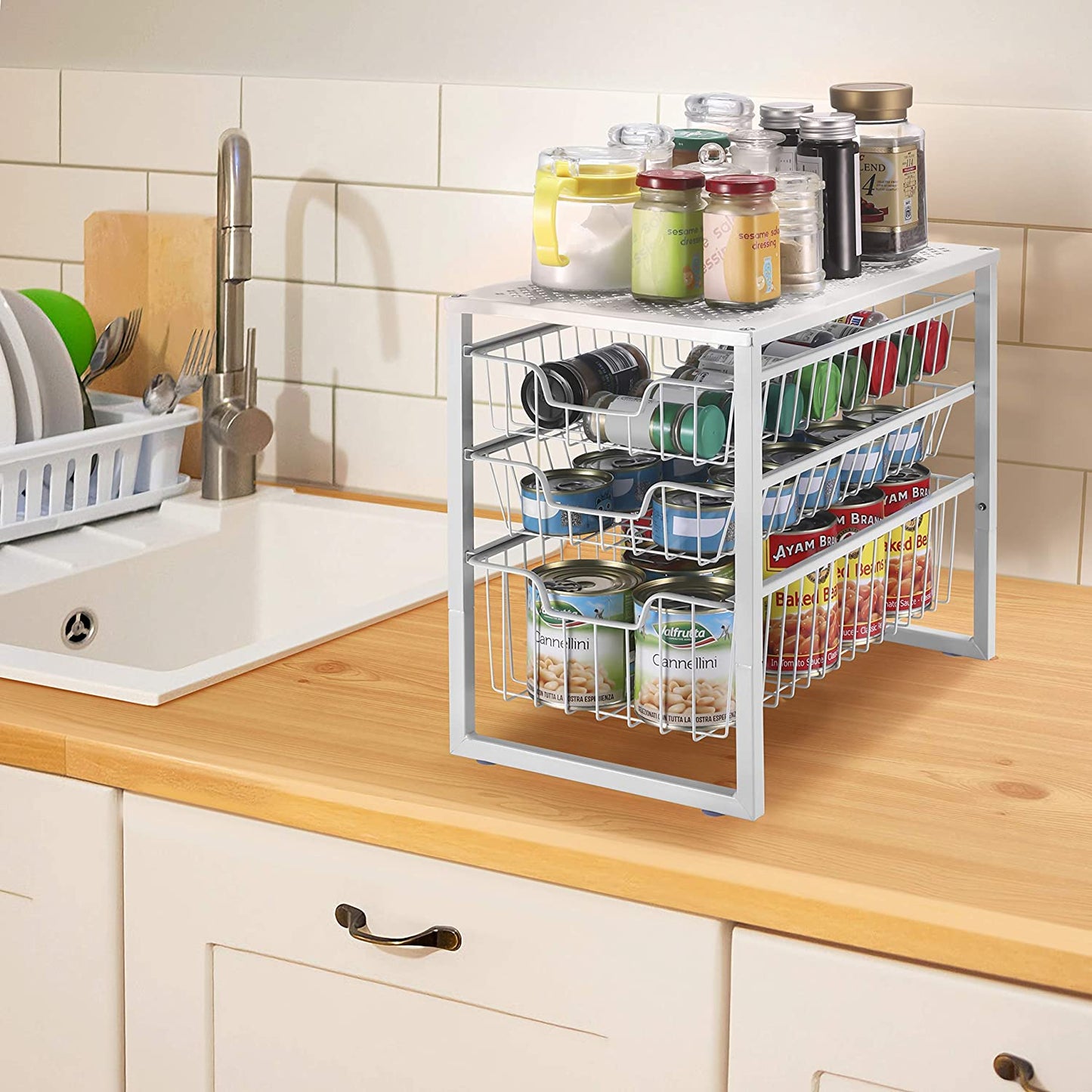 3-Tier under Sink Cabinet Organizer with Sliding Storage Drawer, Desktop Organizer for Kitchen Bathroom Office, Stackable, White