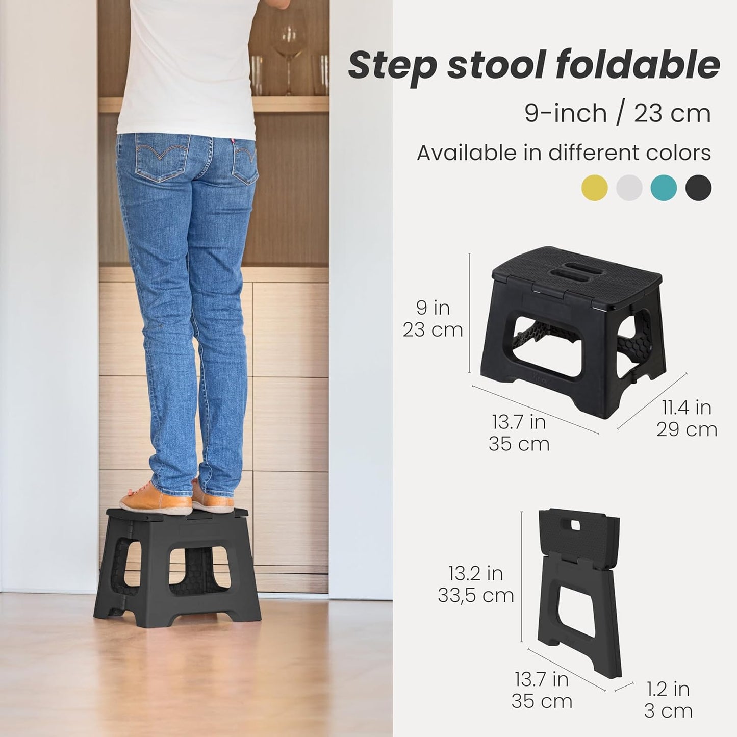 Compact Folding Step Stool - 9 Inch Foldable Step Stool for Adults, Lightweight Portable Stool with Handle, Non Slip Step Stool, Space Saving Stool up to 330 Lb - Black