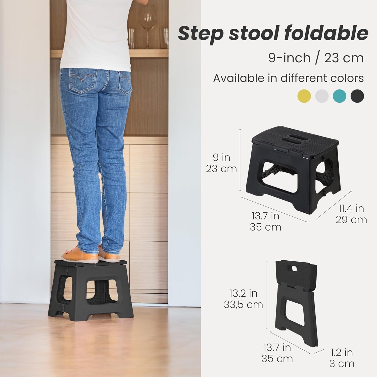 Compact Folding Step Stool - 9 Inch Foldable Step Stool for Adults, Lightweight Portable Stool with Handle, Non Slip Step Stool, Space Saving Stool up to 330 Lb - Black