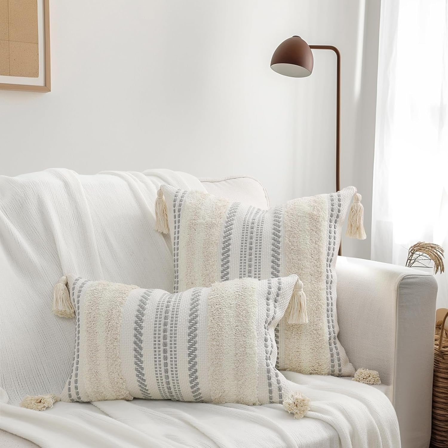 Summer Decorative Boho Throw Pillow Covers 20X20 Set of 2, Accent Neutral Textured Tufted Pillow Covers Striped for Couch Bed Sofa Living Room, Beige and Cream White
